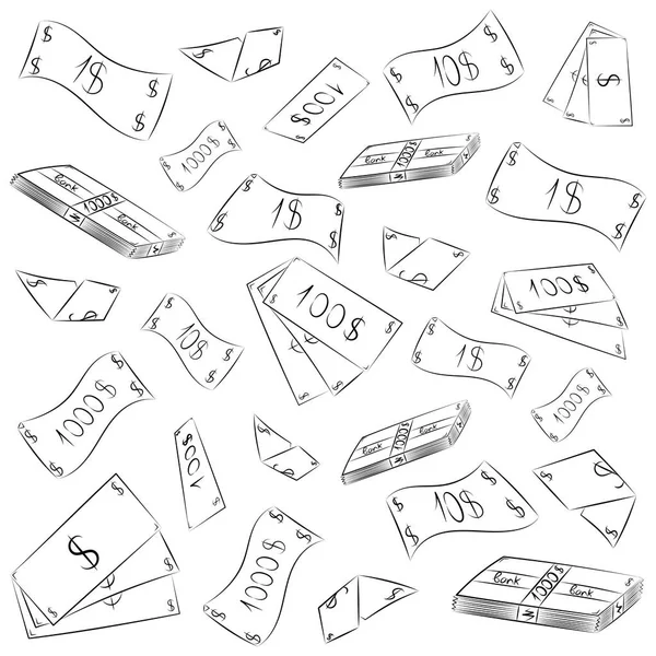 El banknotlar çekilmiş. Doodle para yağmur. Nakit çizimlerinin karalamak. 