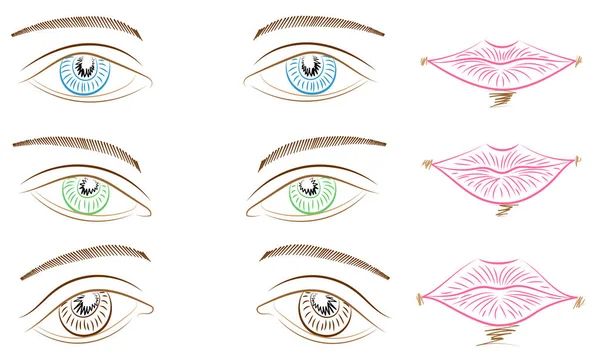 Desenhos Mão de Diferentes Tipos de Olhos e Lábios. Blue, Green and Brown Eyes and Pink Lips (em inglês). Estilo de esboço . — Vetor de Stock