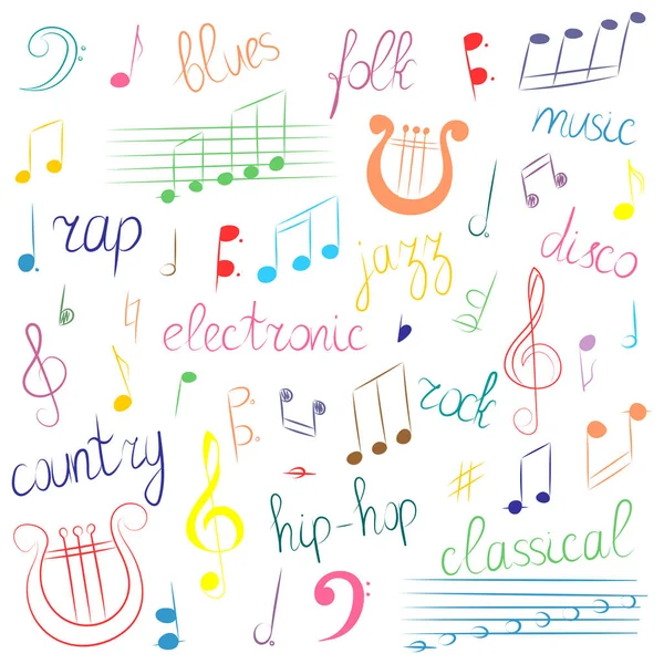 Färgglada Hand dras uppsättning musik symboler och stilar. Doodle g-klav, basklav, anteckningar och lyra. Bokstäver av Blues, elektronisk, Jazz, HipHop, Disco, folkmusik, Country, Rock, Klassiskt. — Stock vektor