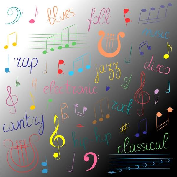 Färgglada Hand dras uppsättning musik symboler och stilar. Doodle g-klav, basklav, anteckningar och lyra. Bokstäver av Blues, elektronisk, Jazz, HipHop, Disco, folkmusik, Country, Rock, Klassiskt — Stock vektor
