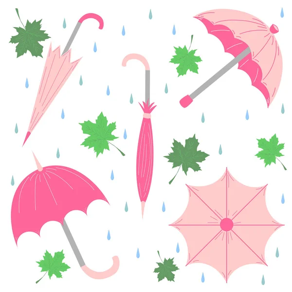 Set of Hand Drawn Glamorous Pink Umbrellas, Maple Leaves and Drops. Perfect for Print. Flat Umbrellas. — Stock Vector