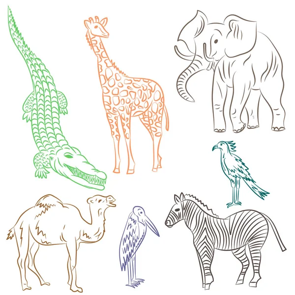 Colorful Hand Drawn African Animals and Birds. Doodle Drawings of Elephant, Zebra, Giraffe, Camel, Marabou and Secretary-bird. Sketch Style.