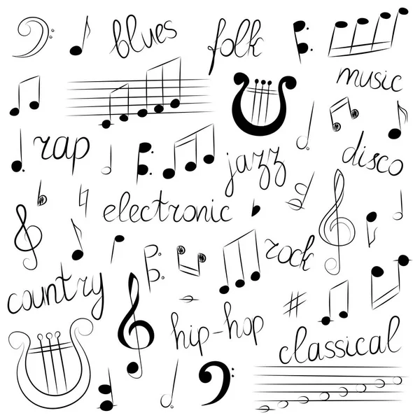 Ensemble de symboles et de styles musicaux dessinés à la main. Doodle Treble Clef, Bass Clef, Notes et Lyre. Lettrage of Blues, Musique électronique, Jazz, Rap, Disco, Folk, Country, Rock, Classique . — Image vectorielle