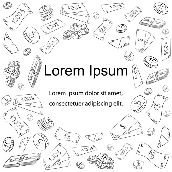 El banknot ve madeni paraların çekilmiş. Doodle para yağmur. Metin merkezi için yer ile nakit çizimler karalamak