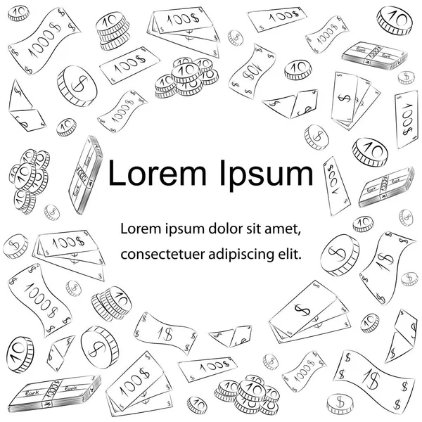 Рука намальовані банкноти та монети. Дощ з грошима. Креслення готівки з місцем для тексту в центрі — стоковий вектор