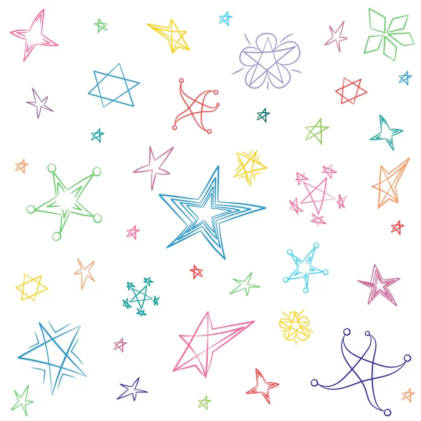 Bunte handgezeichnete lustige Sterne. Kinderzeichnungen von Kritzelsternen. — Stockvektor