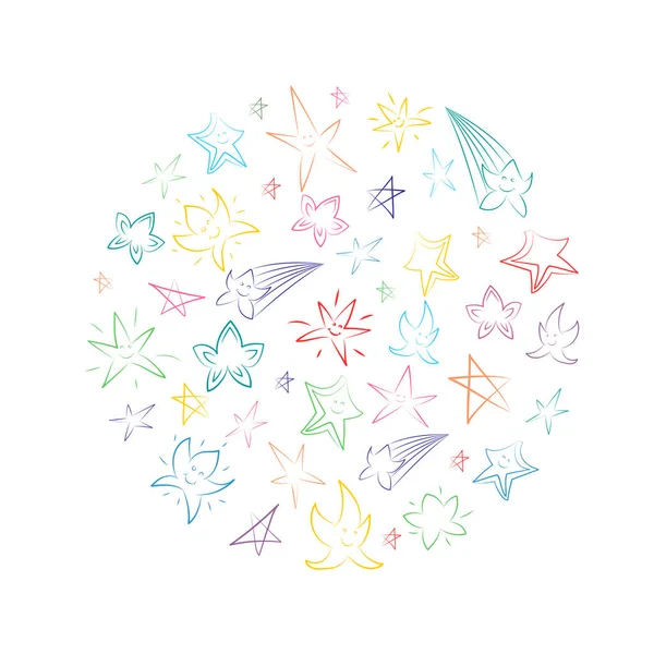 Coloridas estrellas dibujadas a mano dispuestas en un círculo. Niños Dibujos de Doodle Stars. Estilo de boceto — Vector de stock