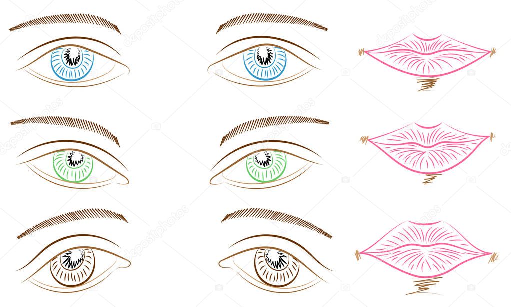 Hand Drawings of Different Types of Eyes and Lips. Blue, Green and Brown Eyes and Pink Lips. Sketch Style.