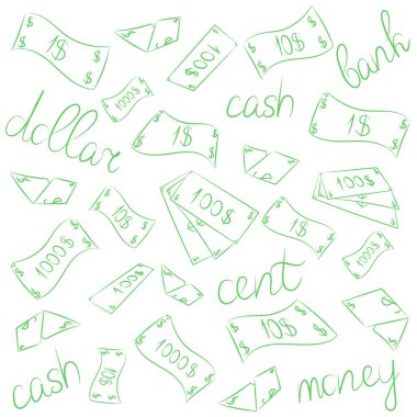 Yeşil elle çizilmiş banknotlar. Doodle para yağmur. Nakit çizimlerinin karalamak. Kroki tarzı.