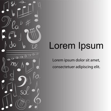 Tek renkli elle çizilmiş müzik simgeler kümesi. Tiz nota anahtarı, bas nota anahtarı, notlar ve lir doodle. El ilanları, afişler, rozetler, çıkartmalar ve reklam eylemler için şablon