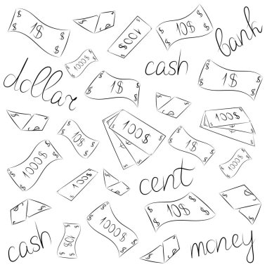 El banknotlar çekilmiş. Doodle para yağmur. Nakit çizimlerinin karalamak. Kroki tarzı. 