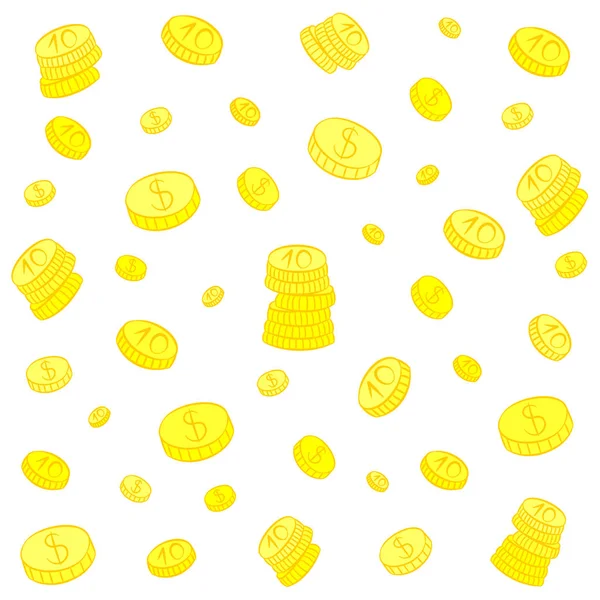 Handgezeichnete Goldmünzen. Doodle-Geld-Regen. flacher Stil — Stockvektor