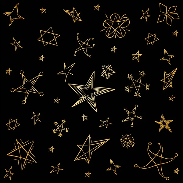 Golden Hand Drawn Set of Stars (em inglês). Crianças Desenhos de Estrelas Engraçadas. Estilo Doodle . — Vetor de Stock