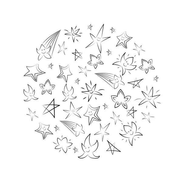 Handgezeichnetes Set von Sternen, die in einem Kreis angeordnet sind. Kinderzeichnungen von Kritzelsternen. Skizzenstil. — Stockvektor