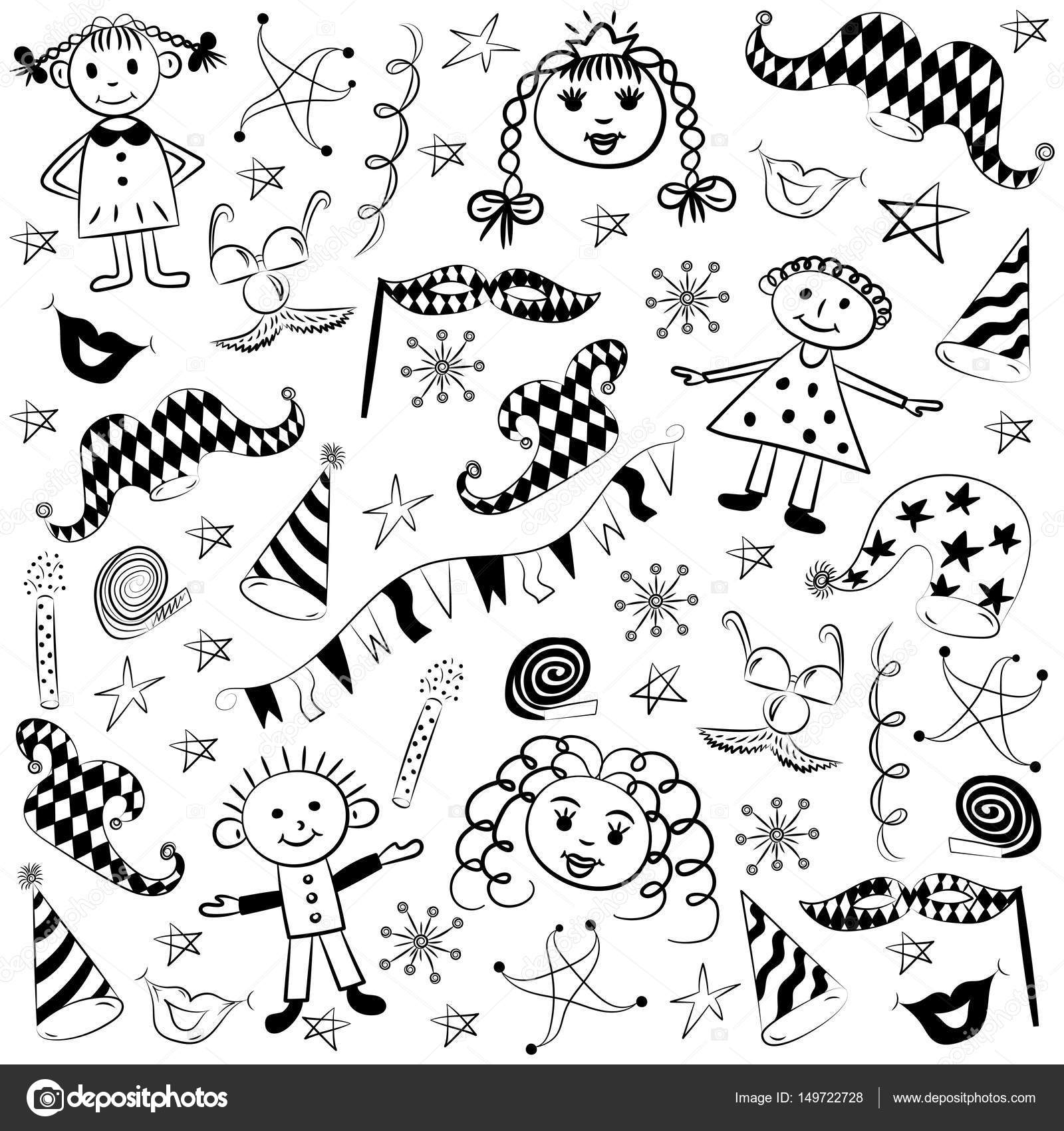 Simboli del partito colorati disegnati a mano e bambini felici Disegni di bambini di elementi