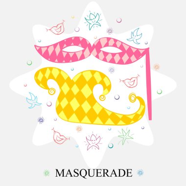 Renkli el çekilmiş maskesi, Ayakkabı, yıldız ve dudak Herkesdaire oluşturacak şekilde düzenlenmiştir. Maskeli balo sembolleri doodle