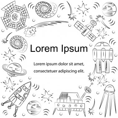 Elle çizilmiş Doodle Uzay gemileri, roketler, sabit yıldızlar, gezegenler ve kuyruklu yıldızlar. Merkezi metin şablonu. Kroki tarzı