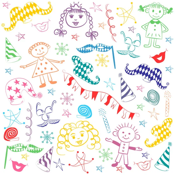 Coloridos símbolos de fiesta dibujados a mano y niños felices. Dibujos infantiles de elementos del partido . — Archivo Imágenes Vectoriales