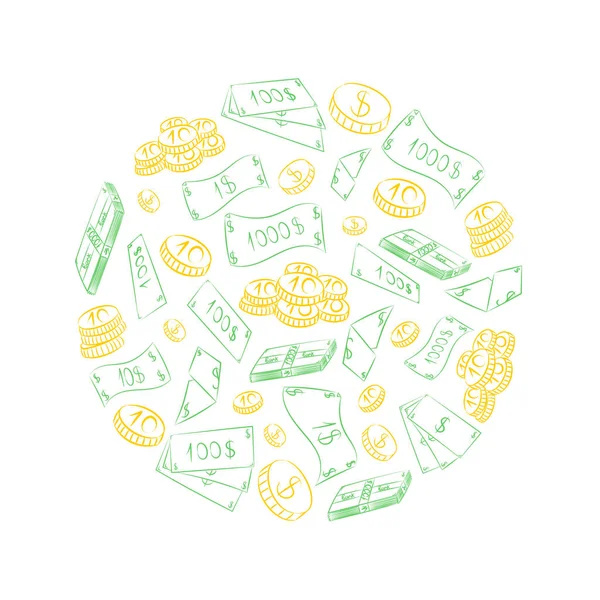 Ručně kreslenou zlatých a zelených hotovosti dolarů uspořádaných v kruhu. Doodle výkresy peněz.. — Stockový vektor