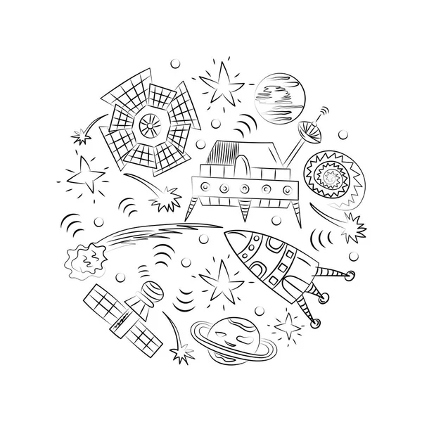Naves espaciales Doodle dibujadas a mano, cohetes, estrellas caídas, planetas y cometas organizados en un círculo. Estilo de boceto . — Vector de stock
