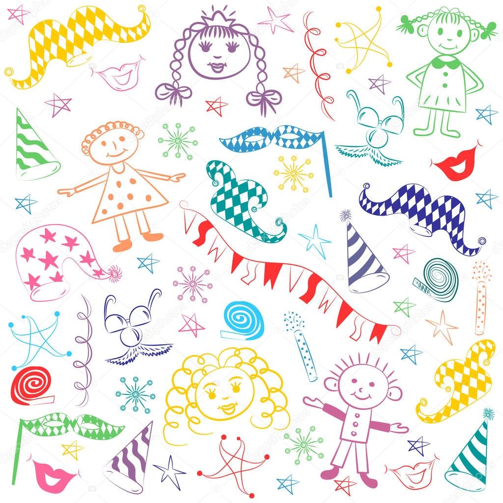 Colorful Hand Drawn Party Symbols and Happy Kids. Children Drawings of Party Elements. 
