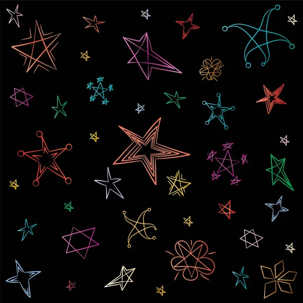 Bunte handgezeichnete Reihe von Sternen. Kinderzeichnungen lustiger Sterne auf Schwarz. Doodle-Stil. — Stockvektor