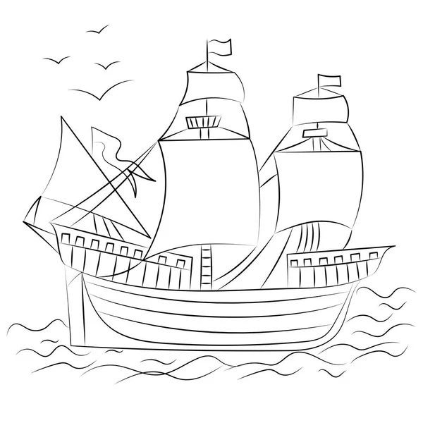 Barco viejo dibujado a mano con pájaros. Estilo de boceto . — Vector de stock