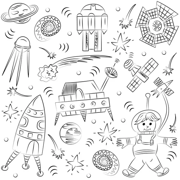 Doodle Spaceman dessiné à la main, vaisseaux spatiaux, fusées, étoiles tombantes, planètes et comètes. Style de croquis . — Image vectorielle