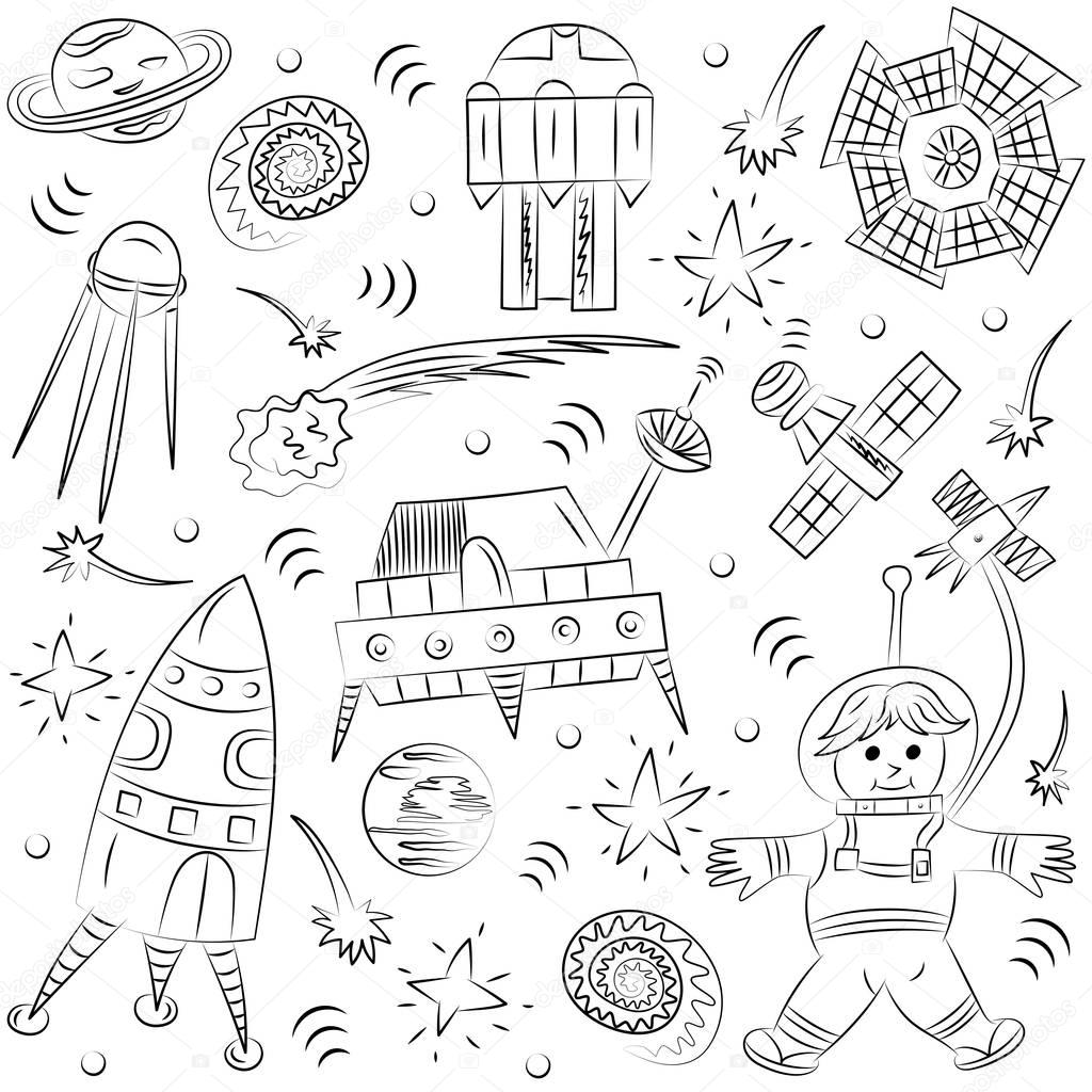 Hand Drawn Doodle Spaceman, Spaceships, Rockets, Falling Stars, Planets and Comets. Sketch Style.