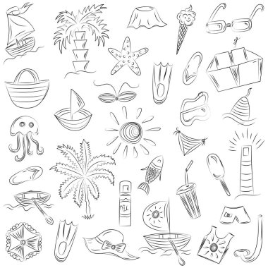 El çizimleri yaz boş simgeler. Tekneler, dondurma, avuç içi, şapka, şemsiye, denizanası, kokteyl, güneş doodle.