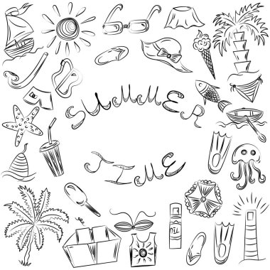 Yaz saati. Elle çizilmiş yaz boş simgeler. Doodle tekneler, dondurma, avuç içi, şapka, şemsiye, denizanası, kokteyl, güneş kroki tarzı.