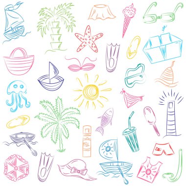 Yaz saati. Elle çizilmiş yaz boş simgeler. Doodle tekneler, dondurma, avuç içi, şapka, şemsiye, denizanası, kokteyl, güneş kroki tarzı.