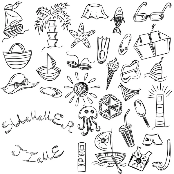 Heure d'été. Dessins à la main des symboles des vacances d'été. Doodle Boats, Glace, Palmes, Chapeau, Parapluie, méduses, Cocktail, Soleil . — Image vectorielle