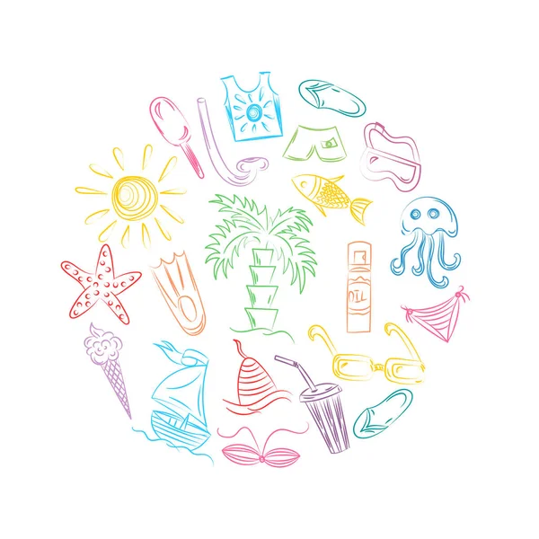 Barevné ručně tažené letní symboly. Doodle lodě, zmrzlina, palmy, klobouk, deštník, medúzy, koktejl, slunce uspořádaných v kruhu. — Stockový vektor
