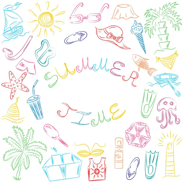Letní čas. Ručně kreslenou letní volná symboly. Barevné lodě Doodle, zmrzlina, palmy, klobouk, deštník, medúzy, koktejl, Sun. skica styl. — Stockový vektor