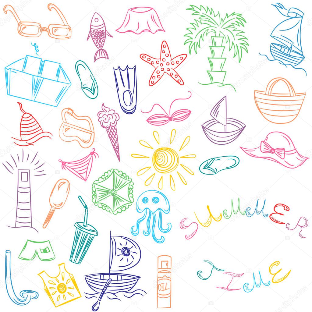 Summer Time. Hand Drawings of Summer Vacancies Symbols. Colorful Doodle Boats, Ice cream, Palms, Hat, Umbrella, Jellyfish, Cocktail, Sun