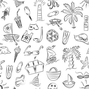 Dikişsiz desen elle çizilmiş yaz boş simgeler. Doodle tekneler çocuk çizimleri, dondurma, avuç içi, şapka, şemsiye, denizanası, kokteyl, güneş.