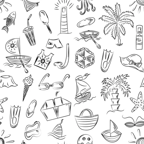 Σύμβολα χωρίς ραφή πρότυπο χέρι καλοκαίρι κενές θέσεις εργασίας. Παιδιά σχέδια της Doodle βάρκες, παγωτό, παλάμες, καπέλο, ομπρέλα, μέδουσες, κοκτέιλ, ήλιος. — Διανυσματικό Αρχείο