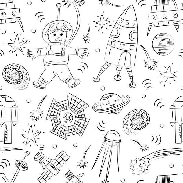 Modèle sans couture de dessiné à la main Doodle Spaceman, vaisseaux spatiaux, fusées, étoiles tombantes, planètes et comètes. Style de croquis . — Image vectorielle