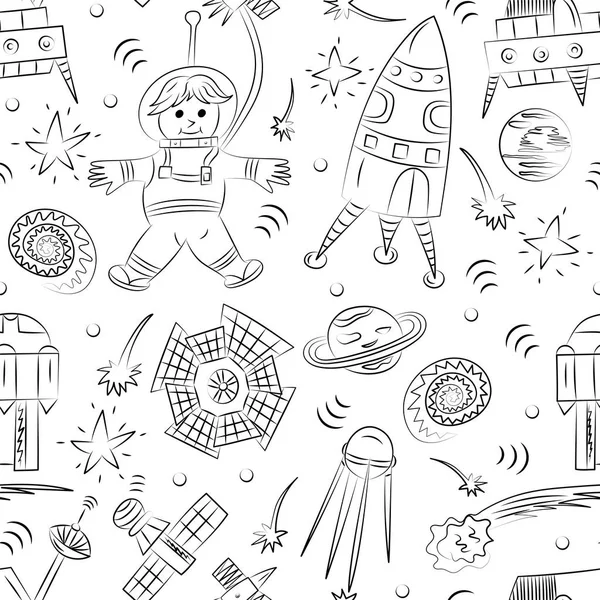 Seamless Pattern of Hand Drawn Doodle Spaceman, Spaceships, Rockets, Falling Stars, Planets and Comets. Sketch Style.