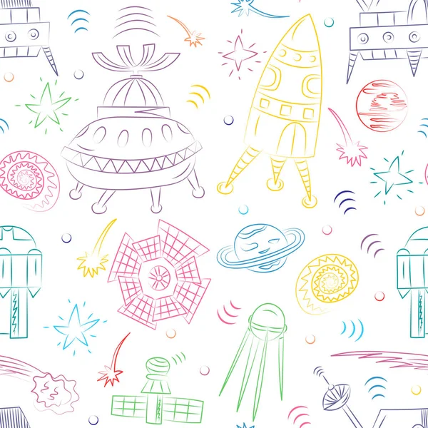 Seamless Pattern of Hand Drawn Doodle Spaceman, Spaceships, Rockets, Falling Stars, Planets and Comets. Sketch Style.