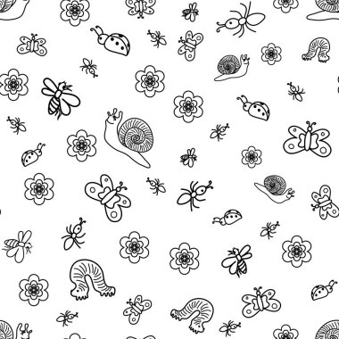 Komik Doodle böceklerin seamless modeli. Çocuk çizimleri şirin böcekler, kelebekler, karıncalar ve salyangoz. Kroki tarzı.