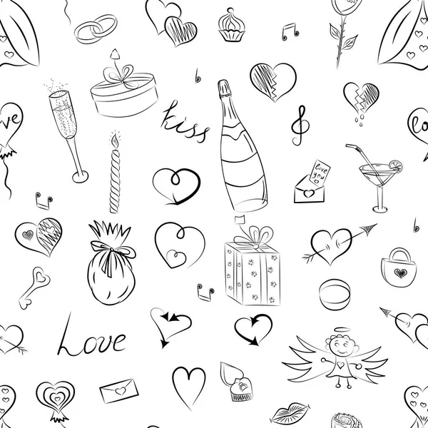Seamless mönster av handritad uppsättning av alla hjärtans dag symboler. Barnens roliga Doodle ritningar av gåvor, ringar, hjärtan, pratbubblor. Skiss stil. — Stock vektor