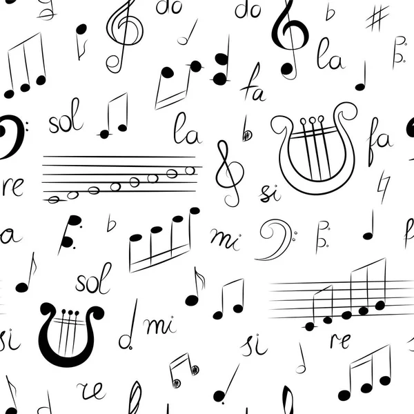 Seamless mönster av handritad uppsättning musik symboler. Doodle g-klav, basklav, anteckningar och lyra. Skiss stil. Royaltyfria Stockvektorer