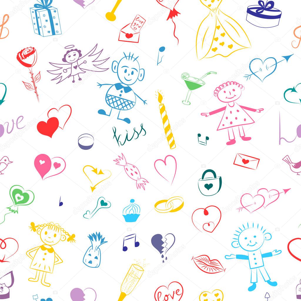 Seamless Pattern of Colorful Hand Drawn Set of Valentine's Day Symbols. Children's Cute Drawings of Hearts, Gifts, Rings, Balloons and Kids. Sketch Style. 