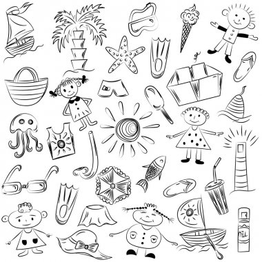 Elle çizilmiş yaz boş pozisyonlar Symbols.Template Doodle tekneler, dondurma, avuç içi, şapka, şemsiye, denizanası, kokteyl, Sun'ın merkezi metin için yer ile.