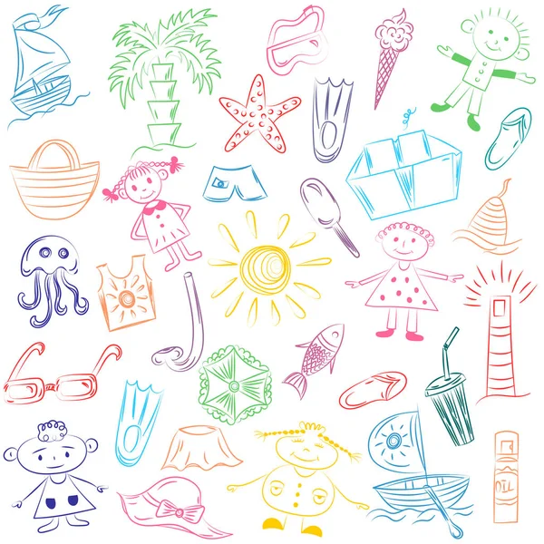 Modèle avec canots, crème glacée, paumes, chapeau, parapluie, méduses, cocktail, soleil avec place pour le texte dans le centre . — Image vectorielle