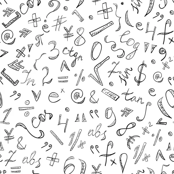 Seamless mönster av handritad Doodle symboler och siffror. Scribble matematik tecken. — Stock vektor