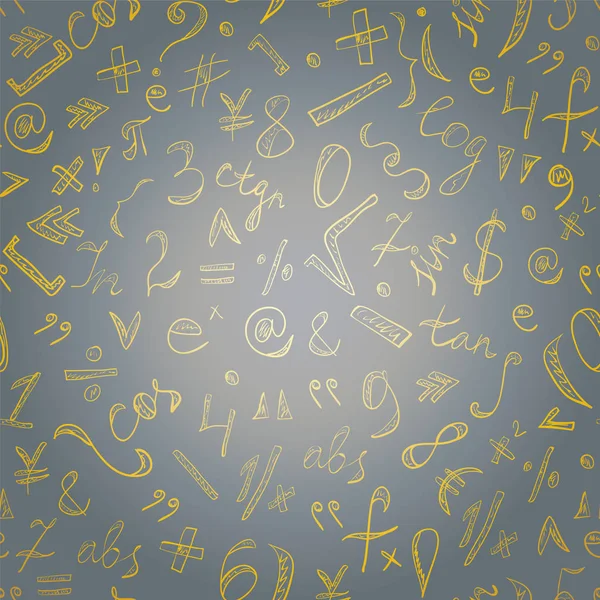 Patrón sin costura de oro dibujado a mano Doodle Símbolos y números. Escribir signos de matemáticas . — Vector de stock