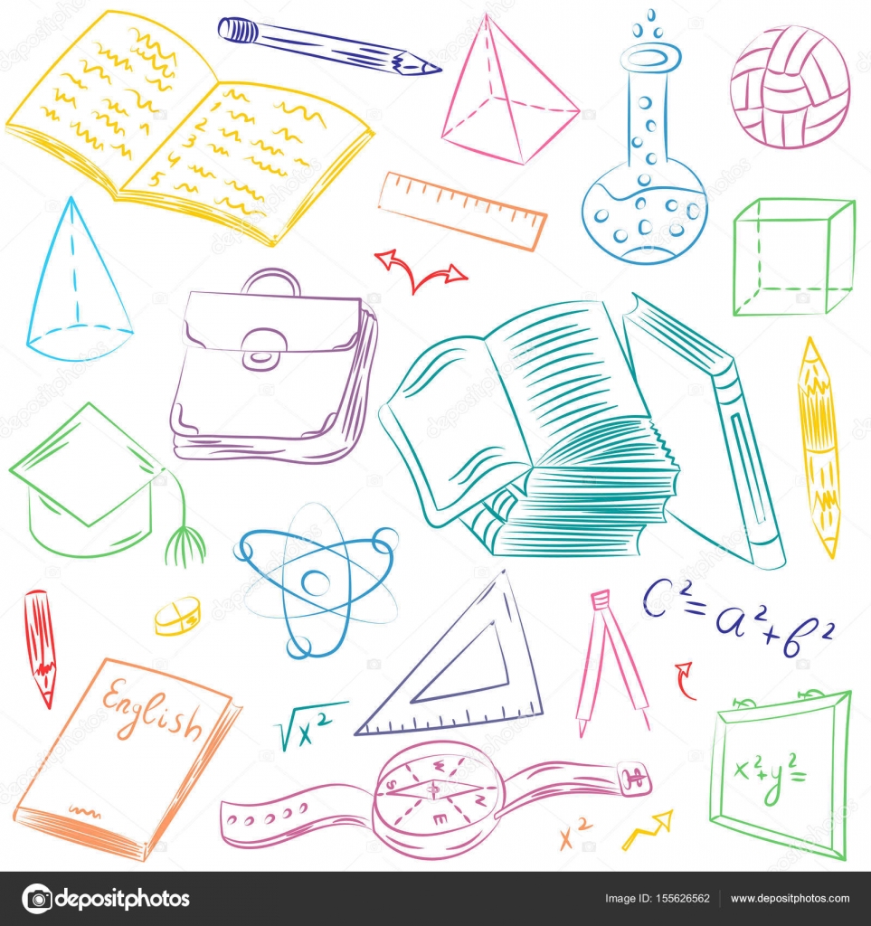 Colorful Hand Drawn scuola simboli Disegni di bambini di palla libri matite righelli boccetta bussola frecce Illustrazione di vettore — Vettoriali